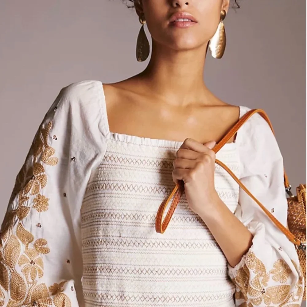 Anthropologie Smocked Top with embellished and embroidered sleeves, boho spring - Picture 3 of 9